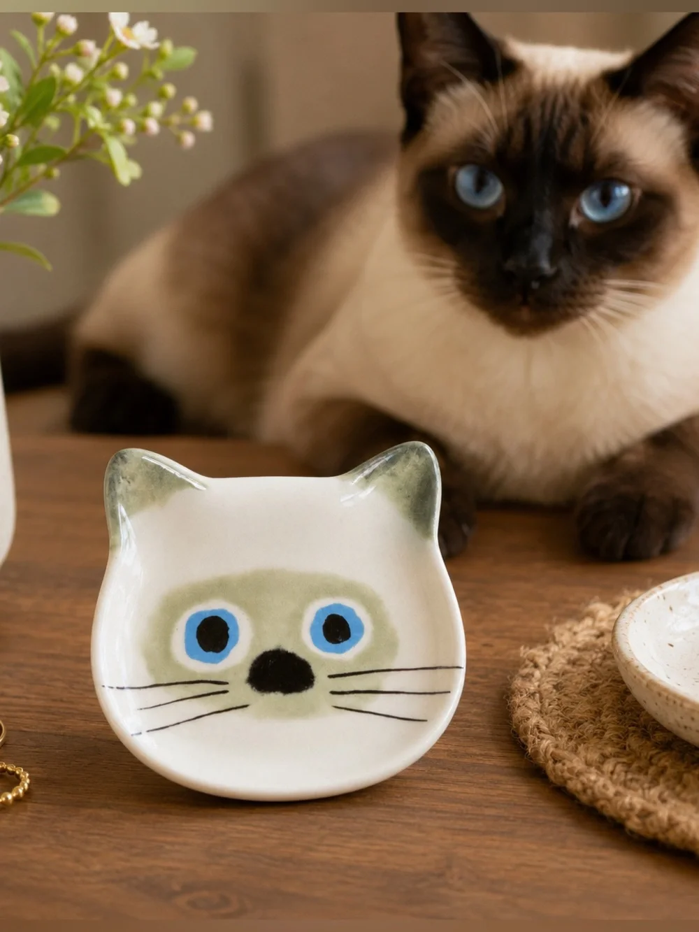 Ecoute! Minette Blue-Eyed Cat Face Ceramic Trinket Dish Ring Holder